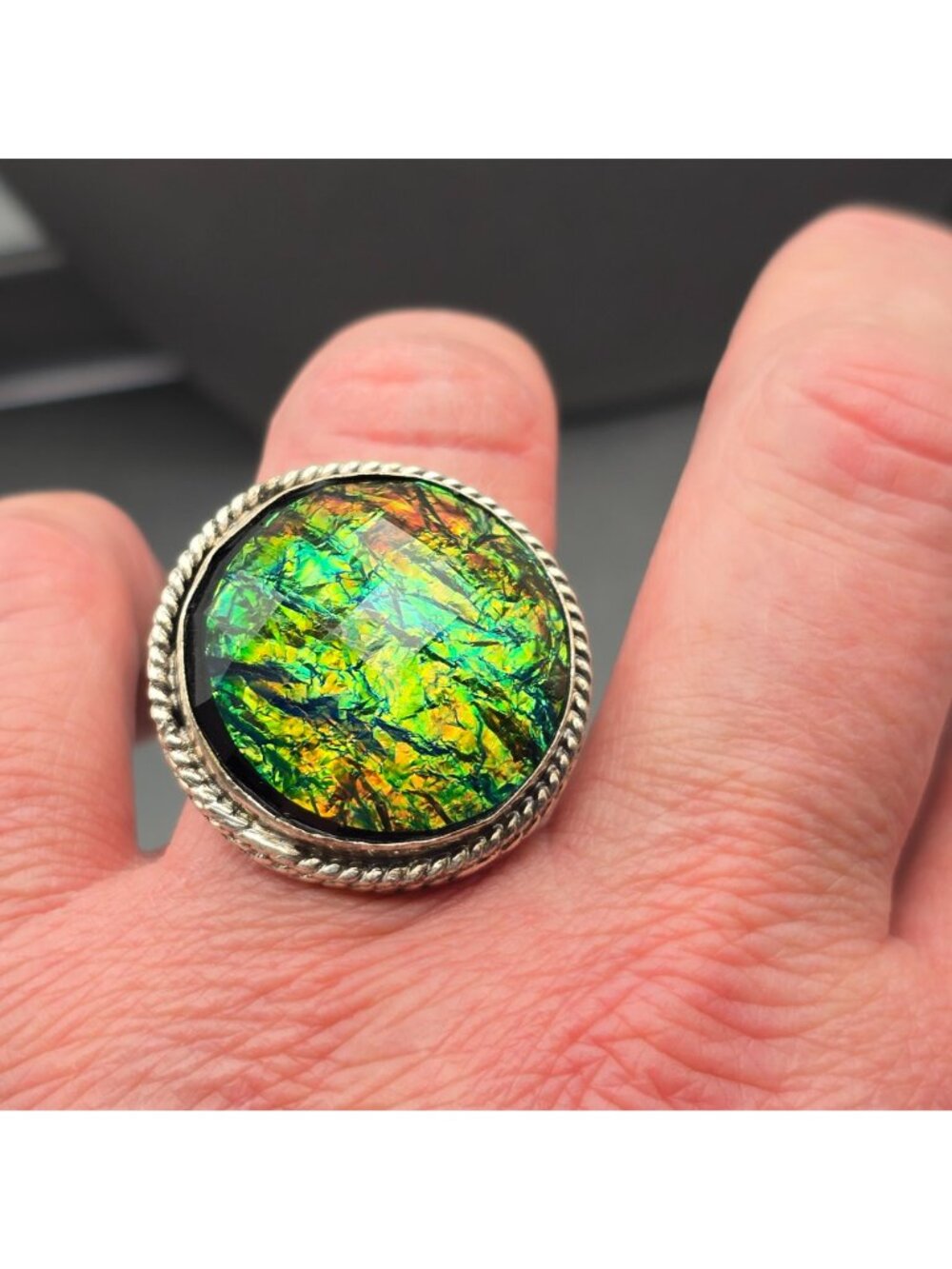 Vintage Sterling Silver Plated Dichroic Glass Ring Size 9.5 Bezel Rope Edge - Picture 9 of 13